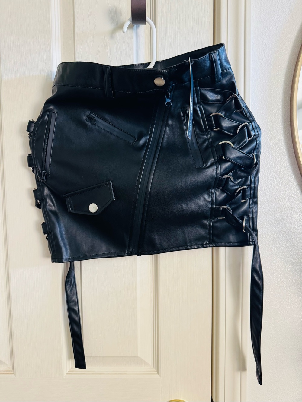 Fashion Nova Black Faux Leather Lace-Up Mini Skirt with Zip Accents